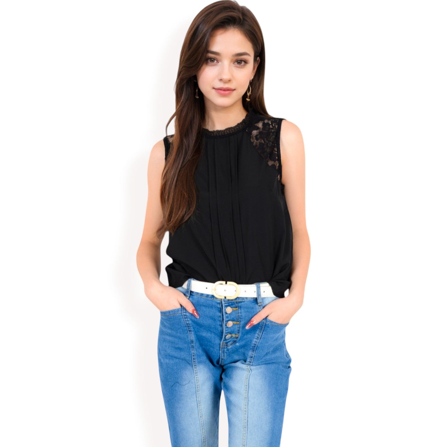 Sleeveless Blouse with Lace Yoke and Pleated Front