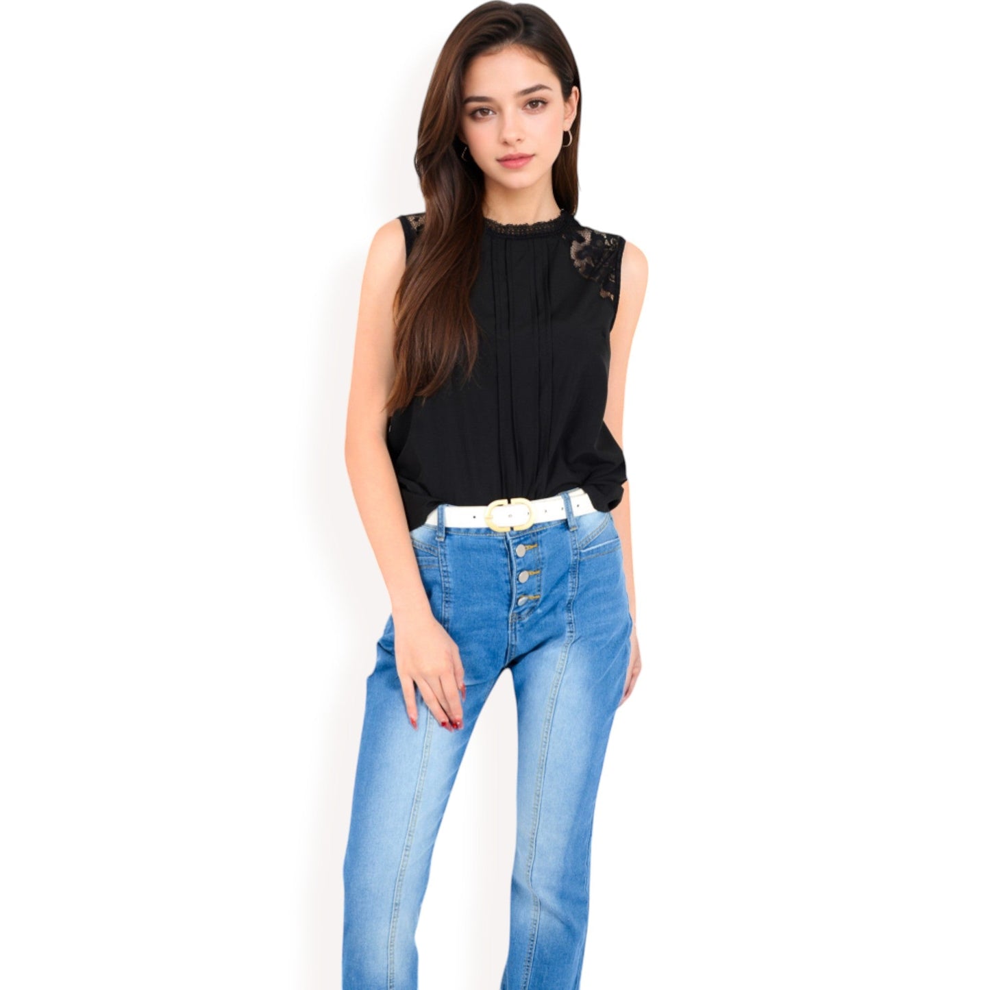Sleeveless Blouse with Lace Yoke and Pleated Front