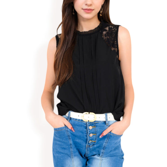 Sleeveless Blouse with Lace Yoke and Pleated Front