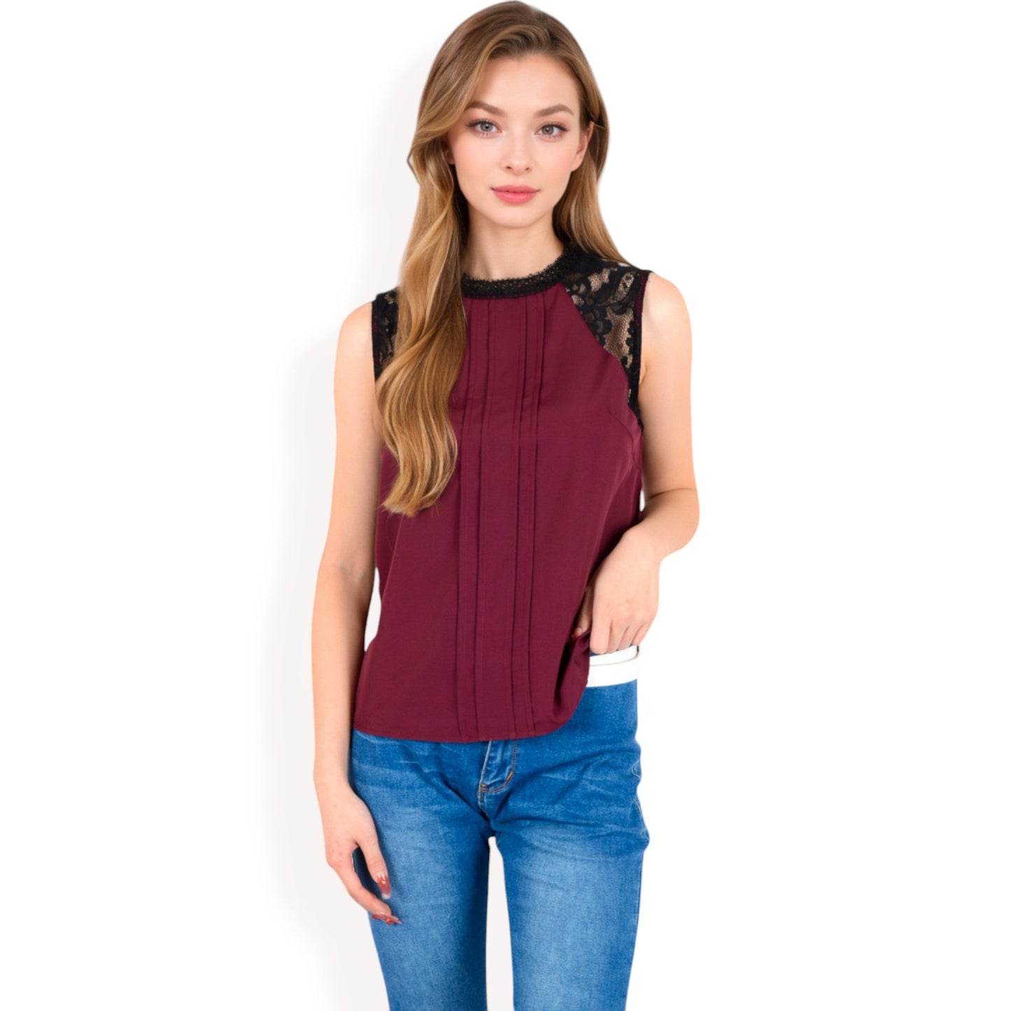 Sleeveless Blouse with Lace Yoke and Pleated Front