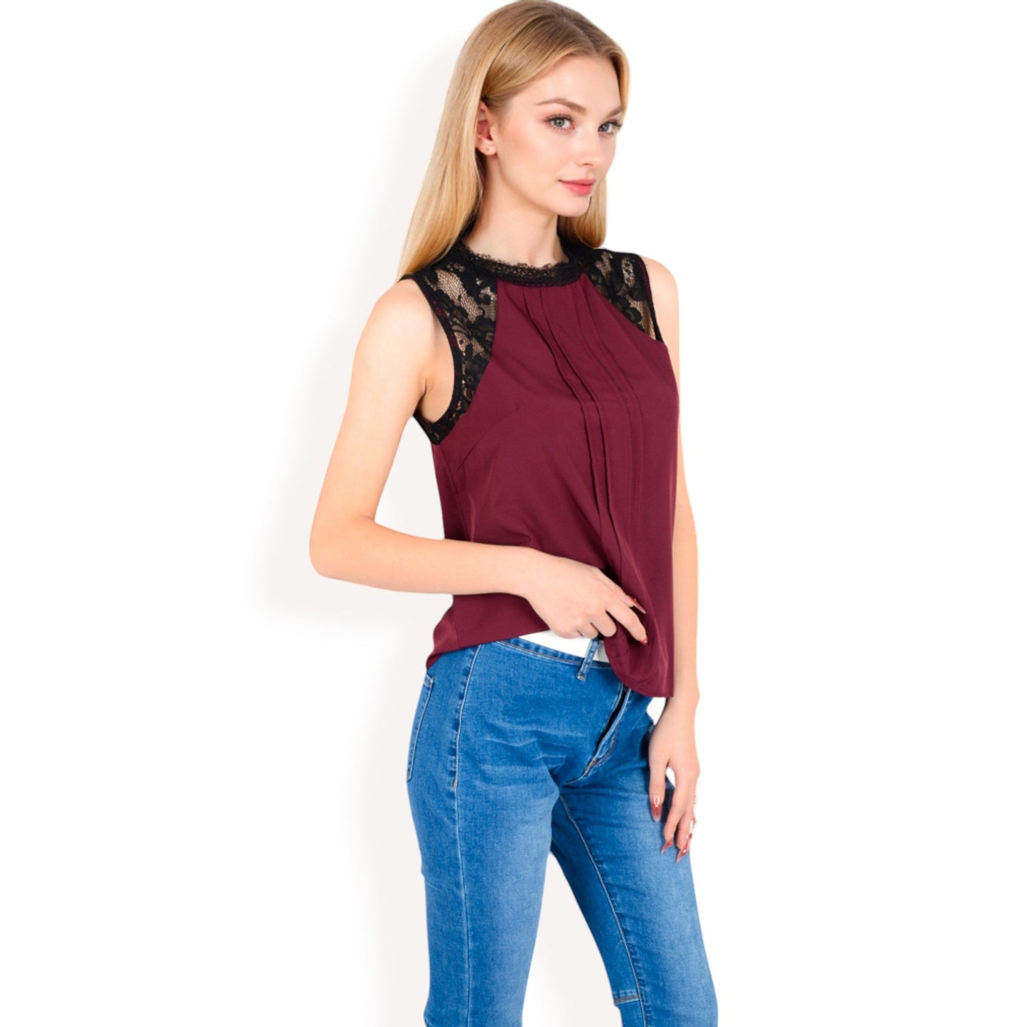 Sleeveless Blouse with Lace Yoke and Pleated Front