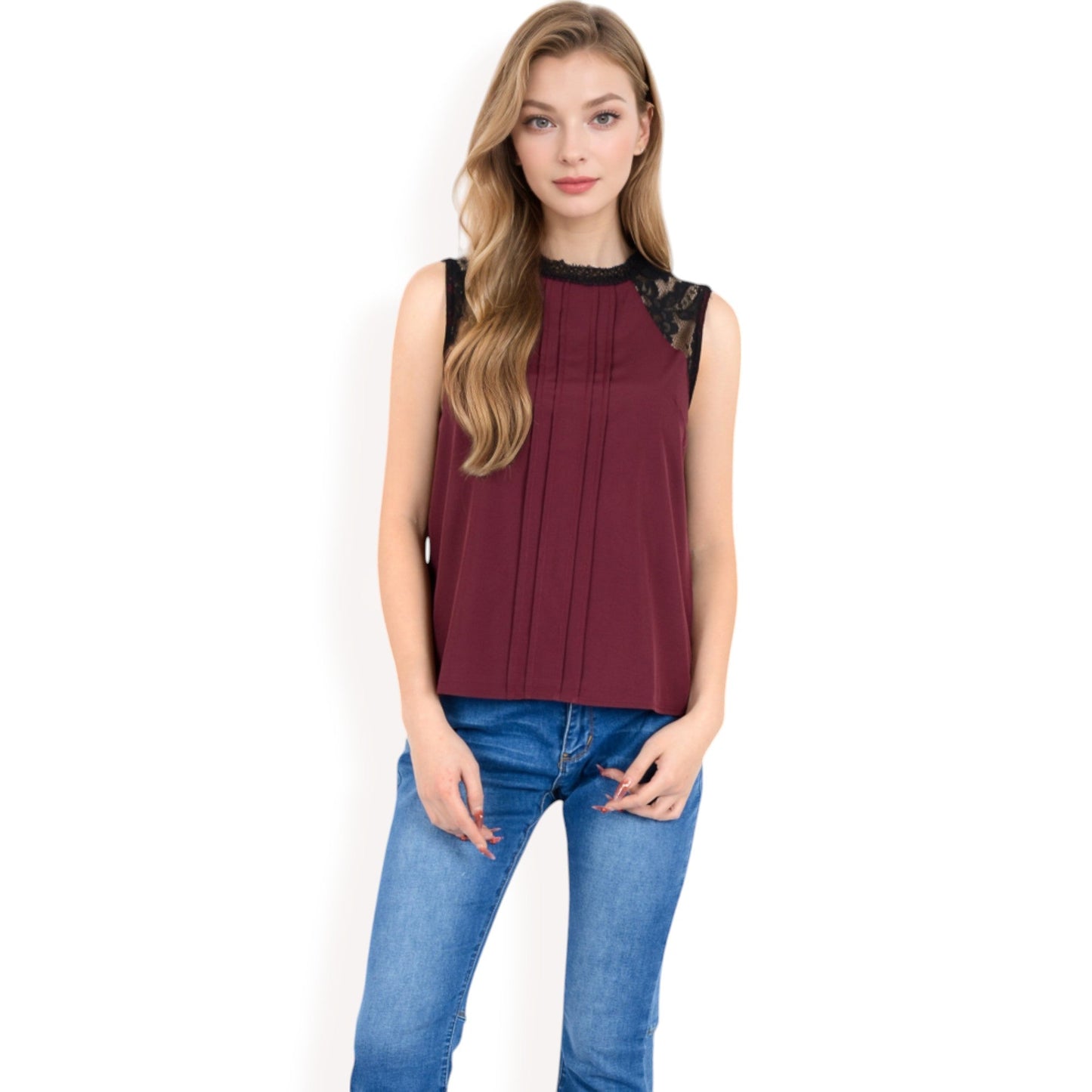 Sleeveless Blouse with Lace Yoke and Pleated Front