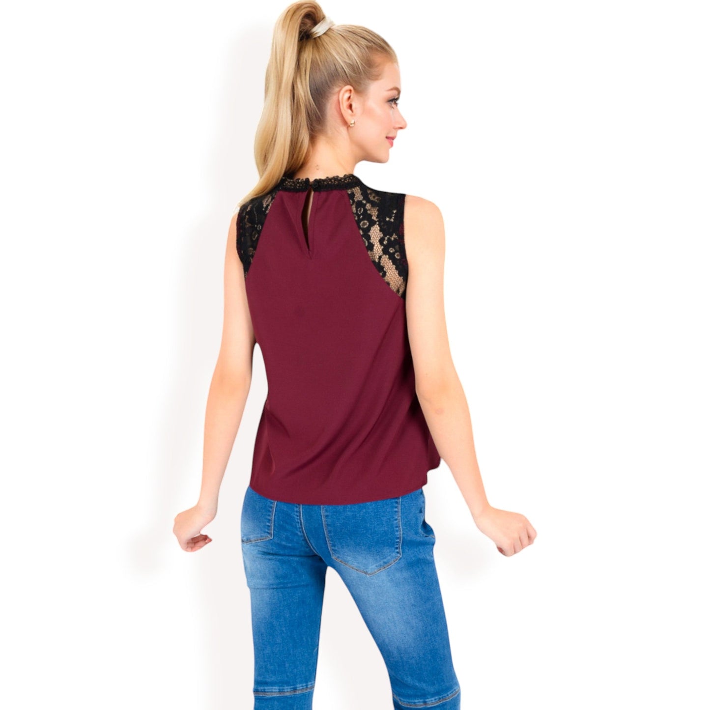 Sleeveless Blouse with Lace Yoke and Pleated Front