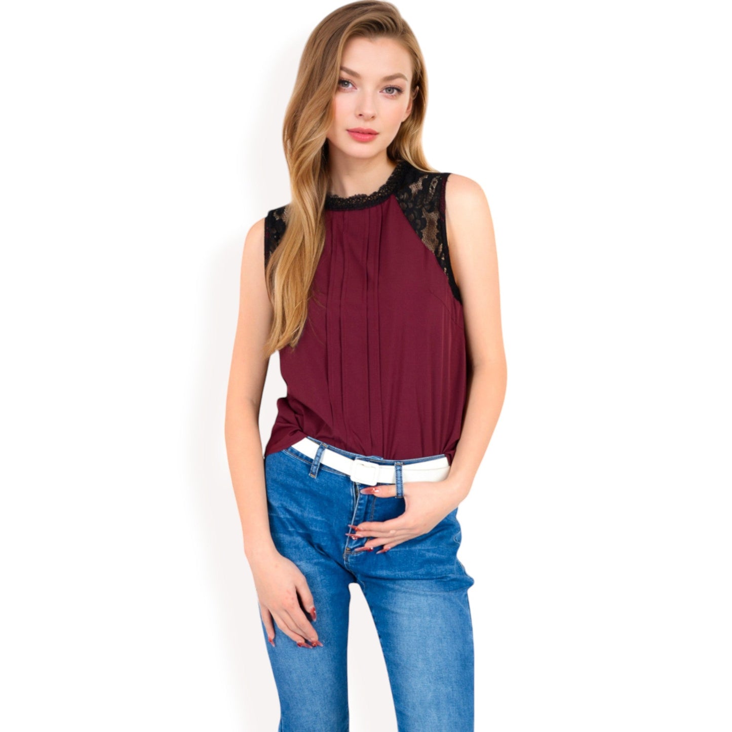 Sleeveless Blouse with Lace Yoke and Pleated Front
