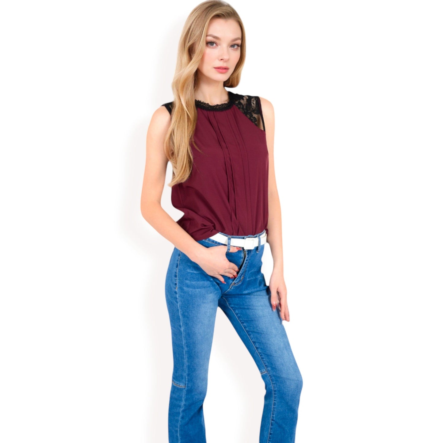 Sleeveless Blouse with Lace Yoke and Pleated Front