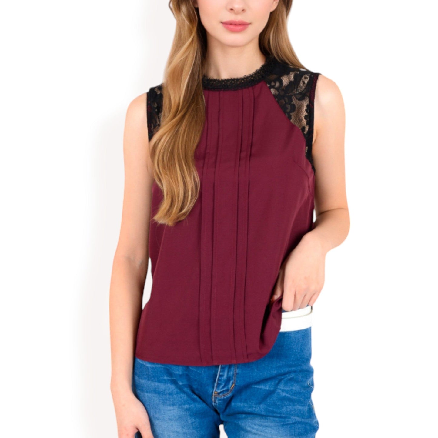 Sleeveless Blouse with Lace Yoke and Pleated Front