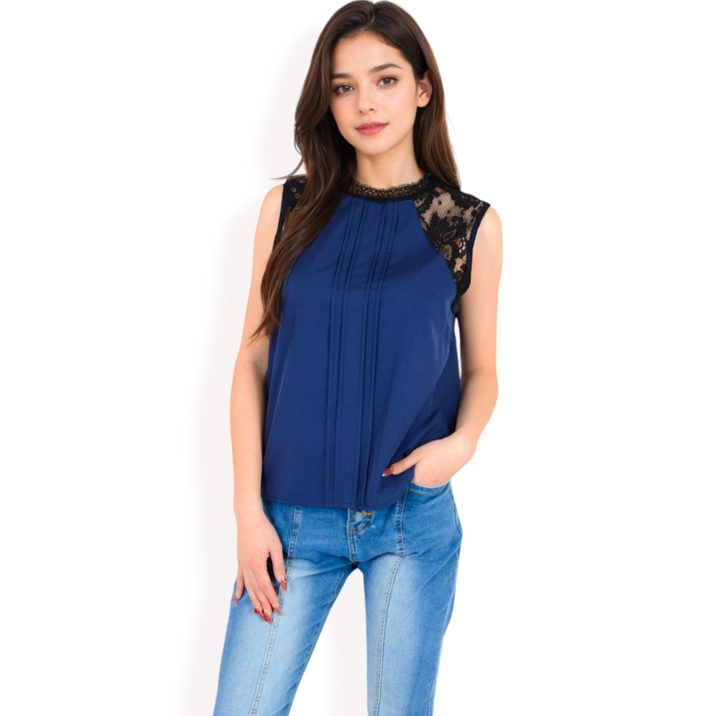 Sleeveless Blouse with Lace Yoke and Pleated Front