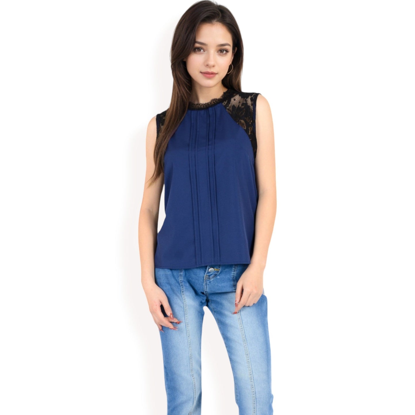 Sleeveless Blouse with Lace Yoke and Pleated Front