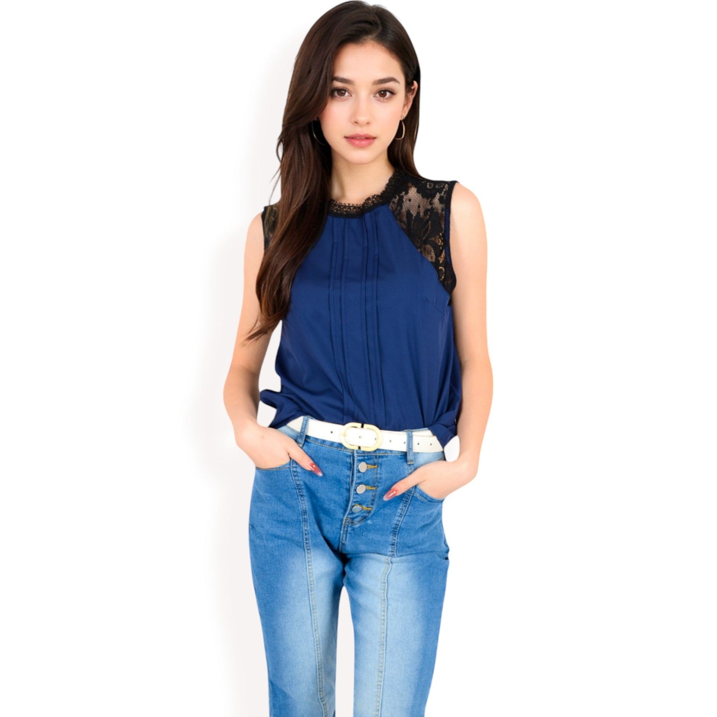 Sleeveless Blouse with Lace Yoke and Pleated Front