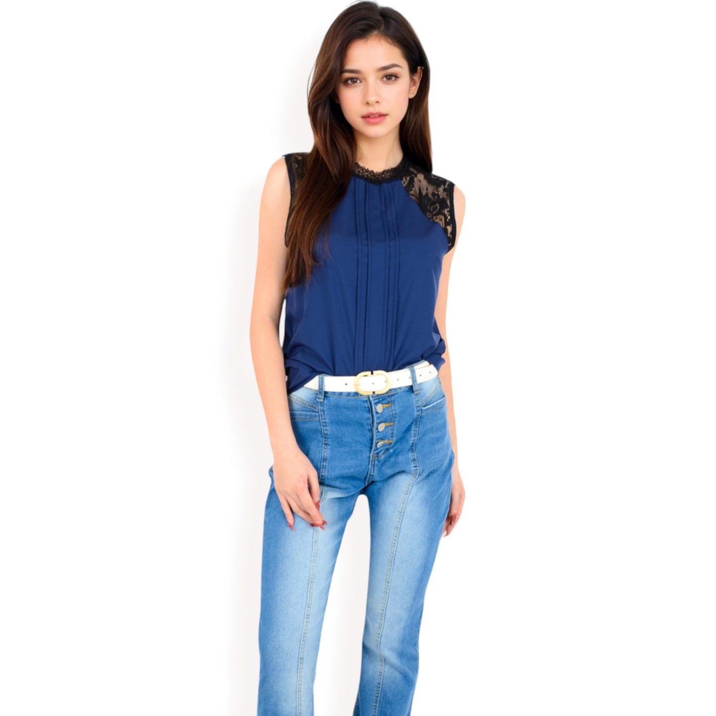 Sleeveless Blouse with Lace Yoke and Pleated Front