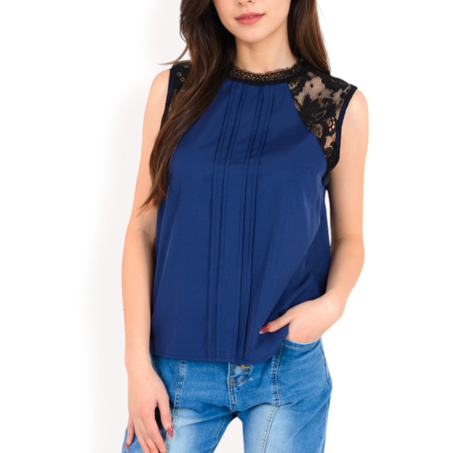 Sleeveless Blouse with Lace Yoke and Pleated Front