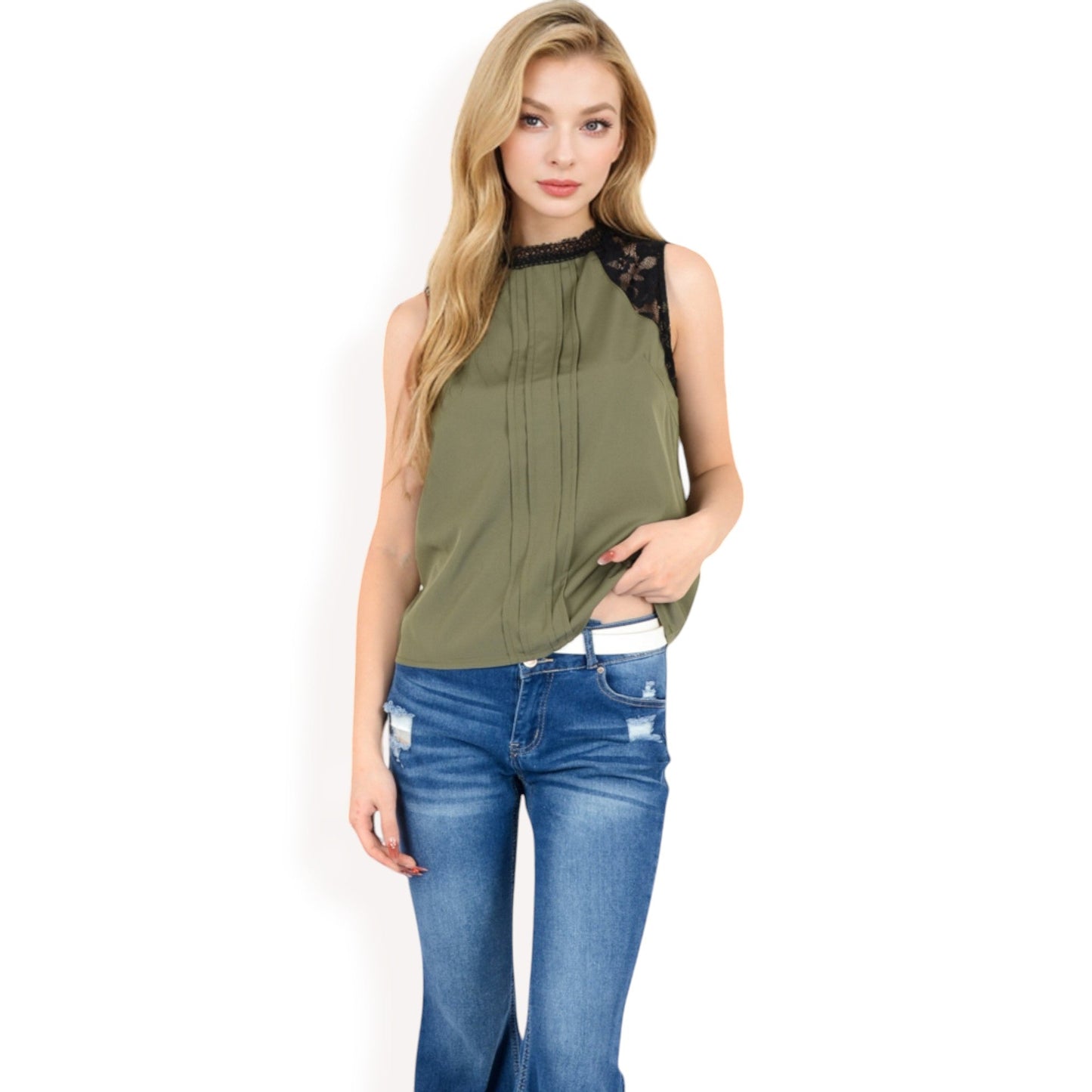 Sleeveless Blouse with Lace Yoke and Pleated Front
