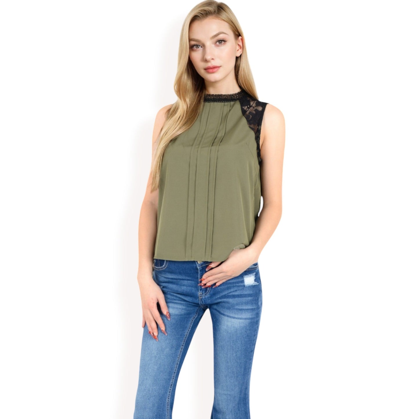 Sleeveless Blouse with Lace Yoke and Pleated Front