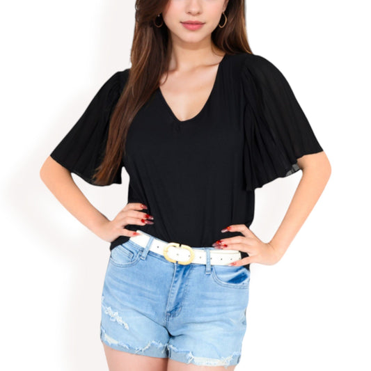 V-Neck Blouse with Pleated Chiffon Flutter Sleeves