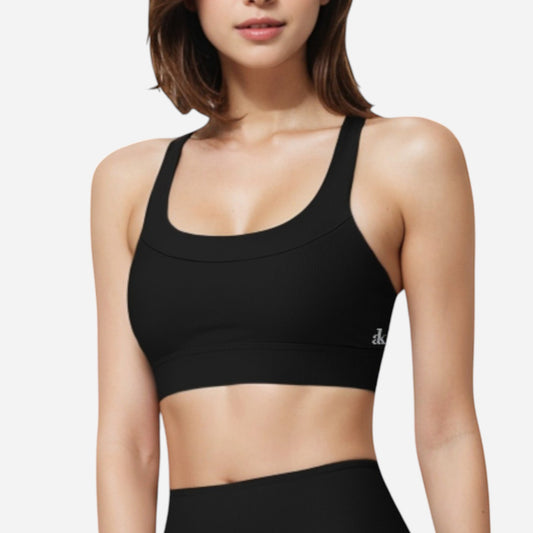 Active Women's Seamless Ribbed Sports Bra with Scoop Neck and Wide Straps