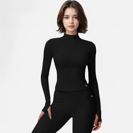 Active Women's Long Sleeve Fitted Ribbed Knit Top with Zip Collar and Thumbhole Cuffs