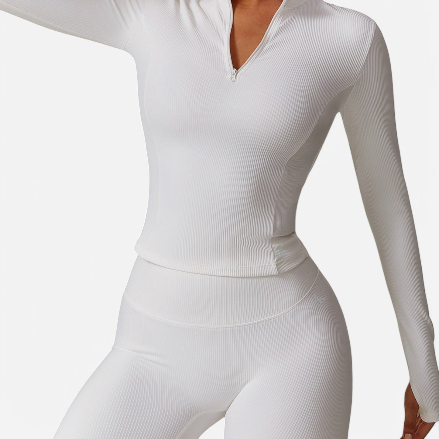 Active Women's Long Sleeve Fitted Ribbed Knit Top with Zip Collar and Thumbhole Cuffs