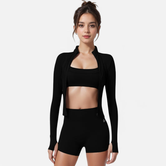 Active Women's Long Sleeve Fitted Zip-Up Jacket with High Collar and Thumbhole Cuffs