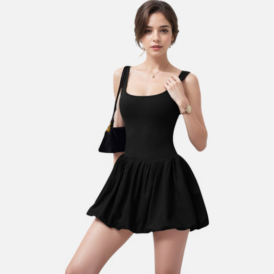 Active Women's Sleeveless Fitted Bodysuit Dress with Bubble Hem Skirt and Scoop Neck