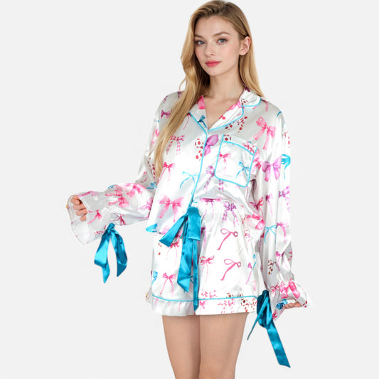 Lounge Women's Holiday Bow Print Pajama Set with Ribbon Tie Details and Button-Up Top