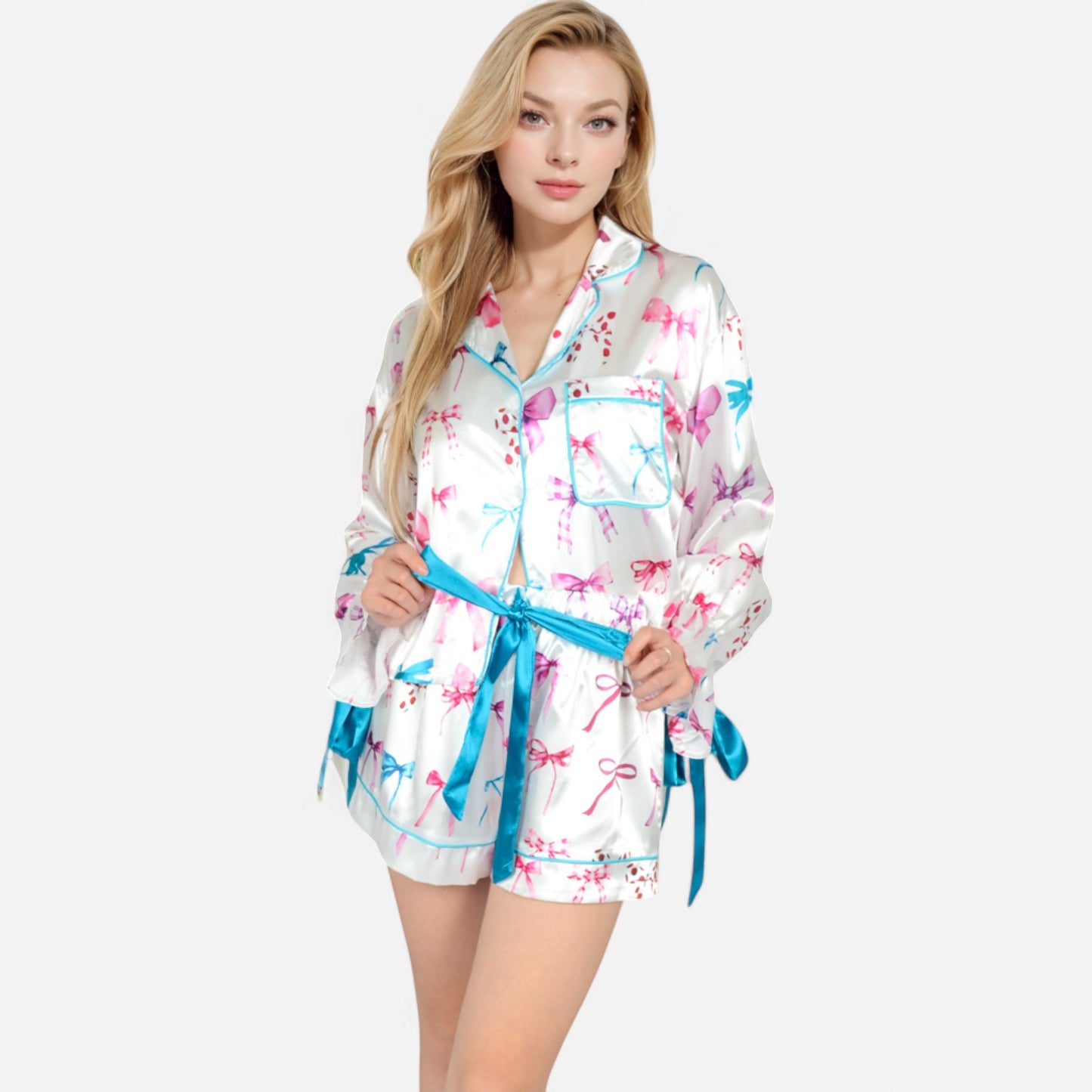 Lounge Women's Holiday Bow Print Pajama Set with Ribbon Tie Details and Button-Up Top