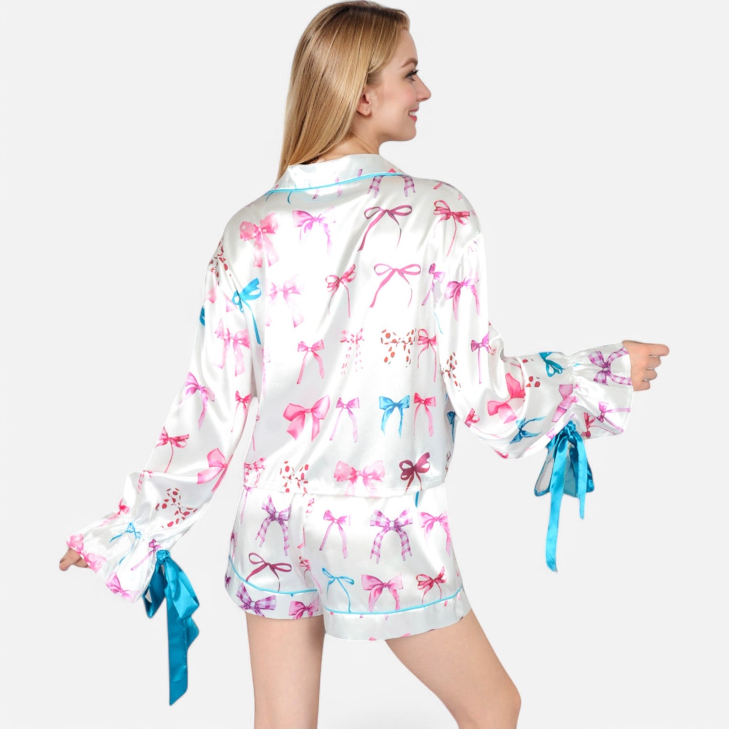 Lounge Women's Holiday Bow Print Pajama Set with Ribbon Tie Details and Button-Up Top