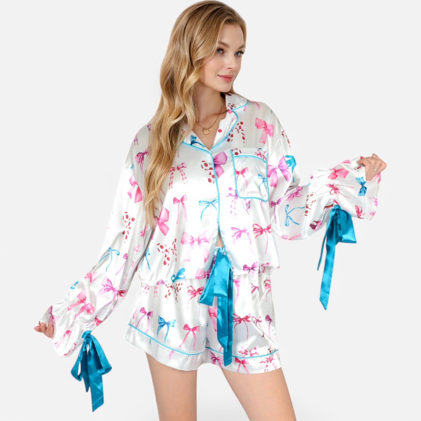 Lounge Women's Holiday Bow Print Pajama Set with Ribbon Tie Details and Button-Up Top
