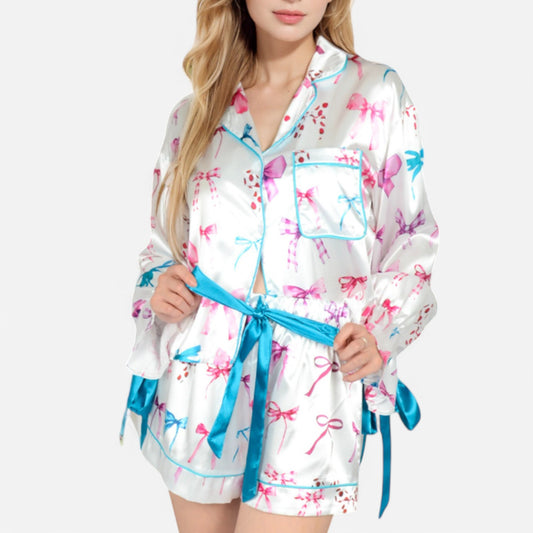 Lounge Women's Holiday Bow Print Pajama Set with Ribbon Tie Details and Button-Up Top