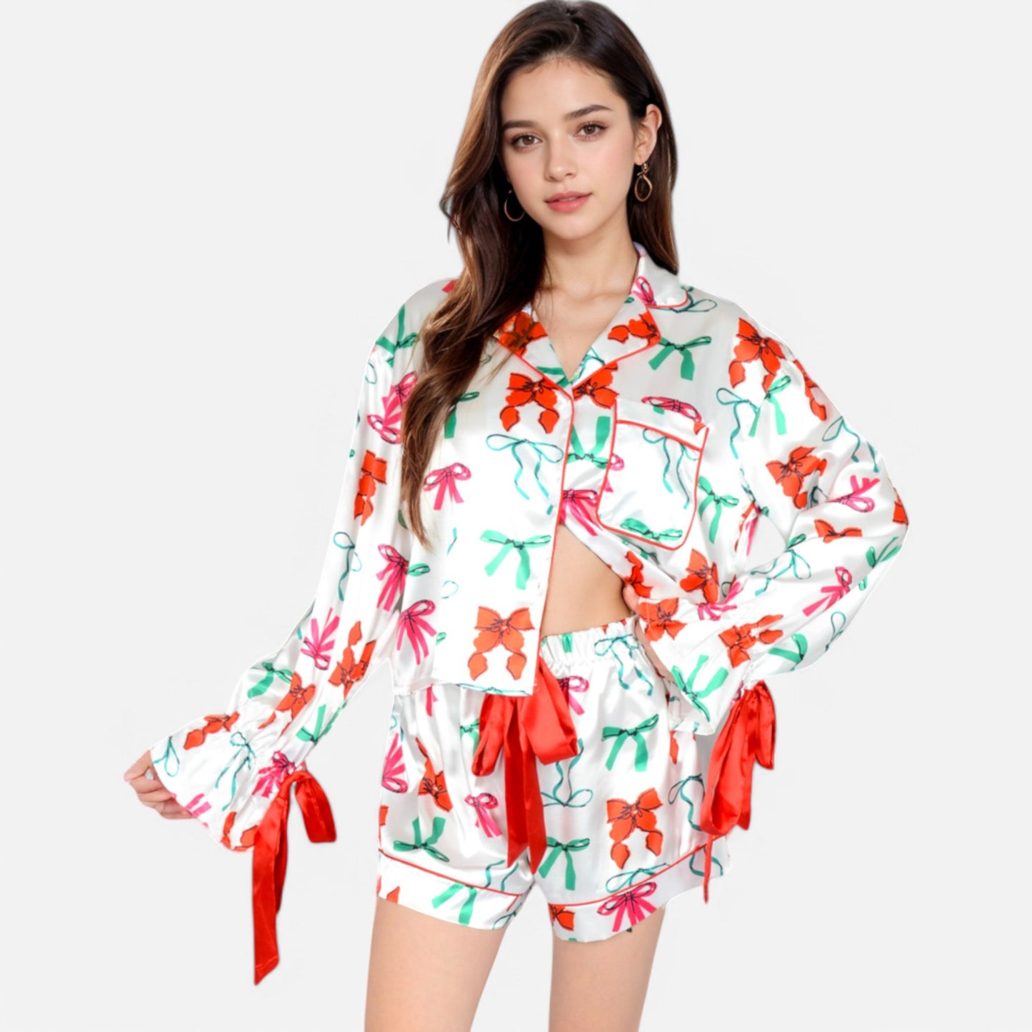 Lounge Women's Holiday Bow Print Pajama Set with Ribbon Tie Details and Button-Up Top