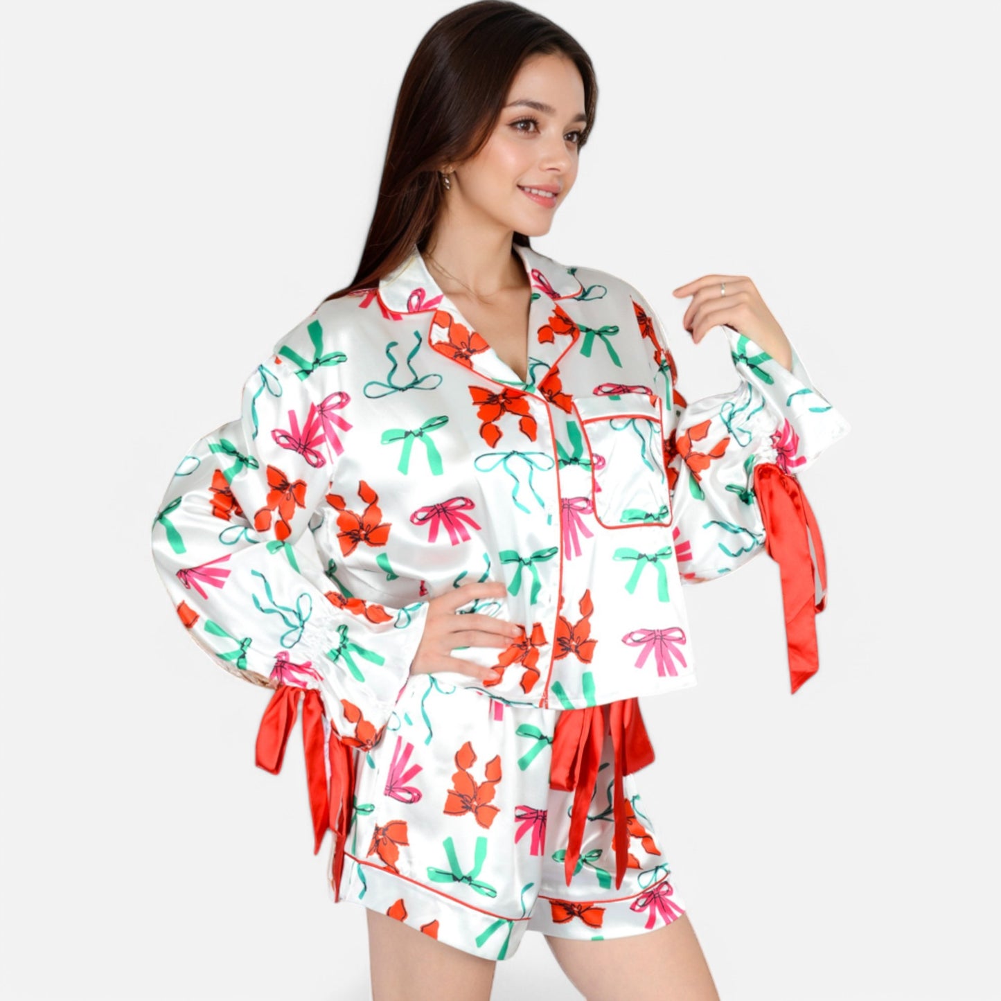Lounge Women's Holiday Bow Print Pajama Set with Ribbon Tie Details and Button-Up Top