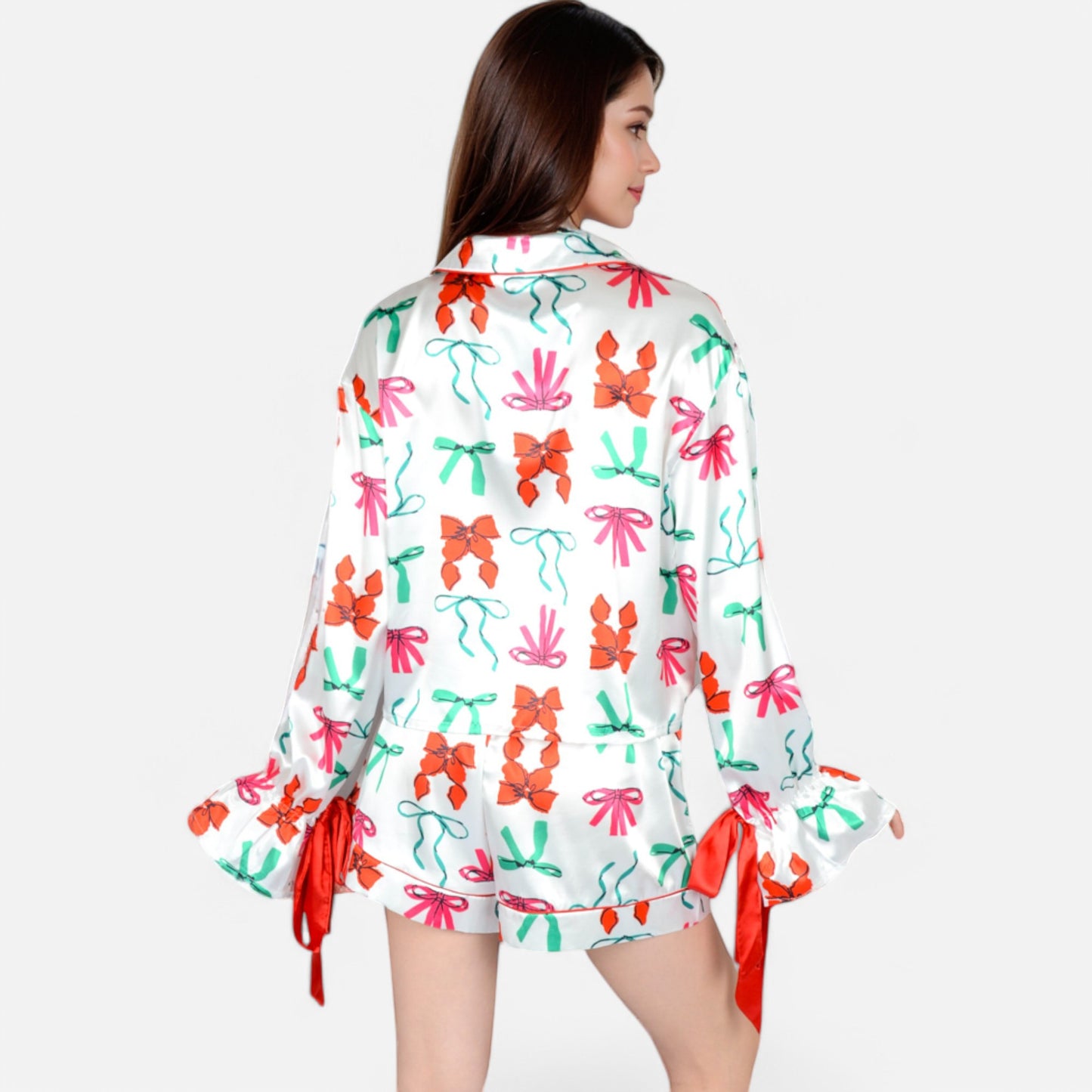 Lounge Women's Holiday Bow Print Pajama Set with Ribbon Tie Details and Button-Up Top