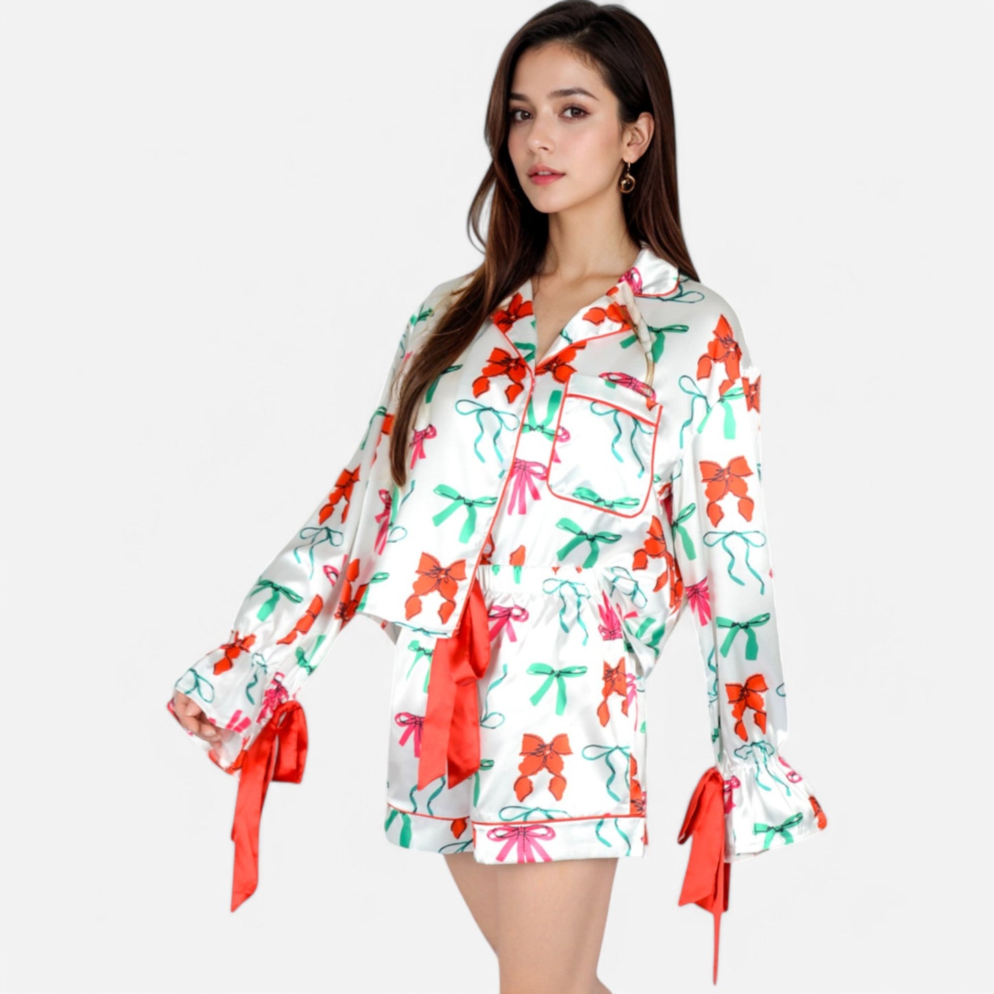 Lounge Women's Holiday Bow Print Pajama Set with Ribbon Tie Details and Button-Up Top