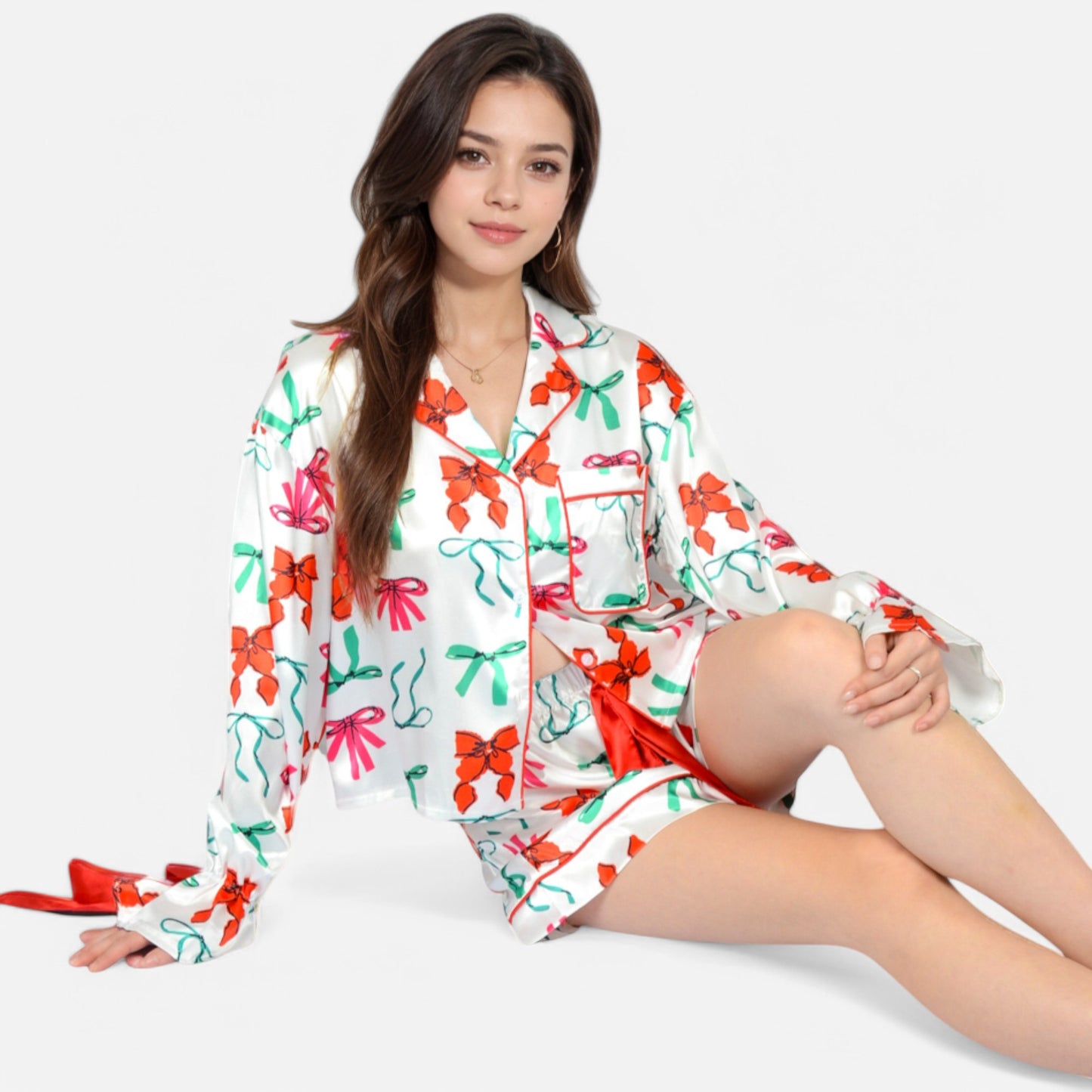 Lounge Women's Holiday Bow Print Pajama Set with Ribbon Tie Details and Button-Up Top