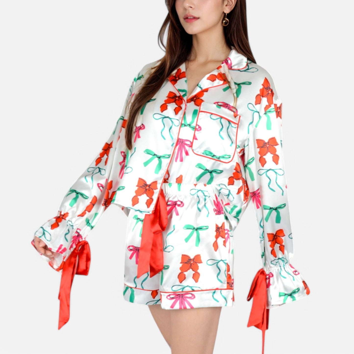 Lounge Women's Holiday Bow Print Pajama Set with Ribbon Tie Details and Button-Up Top