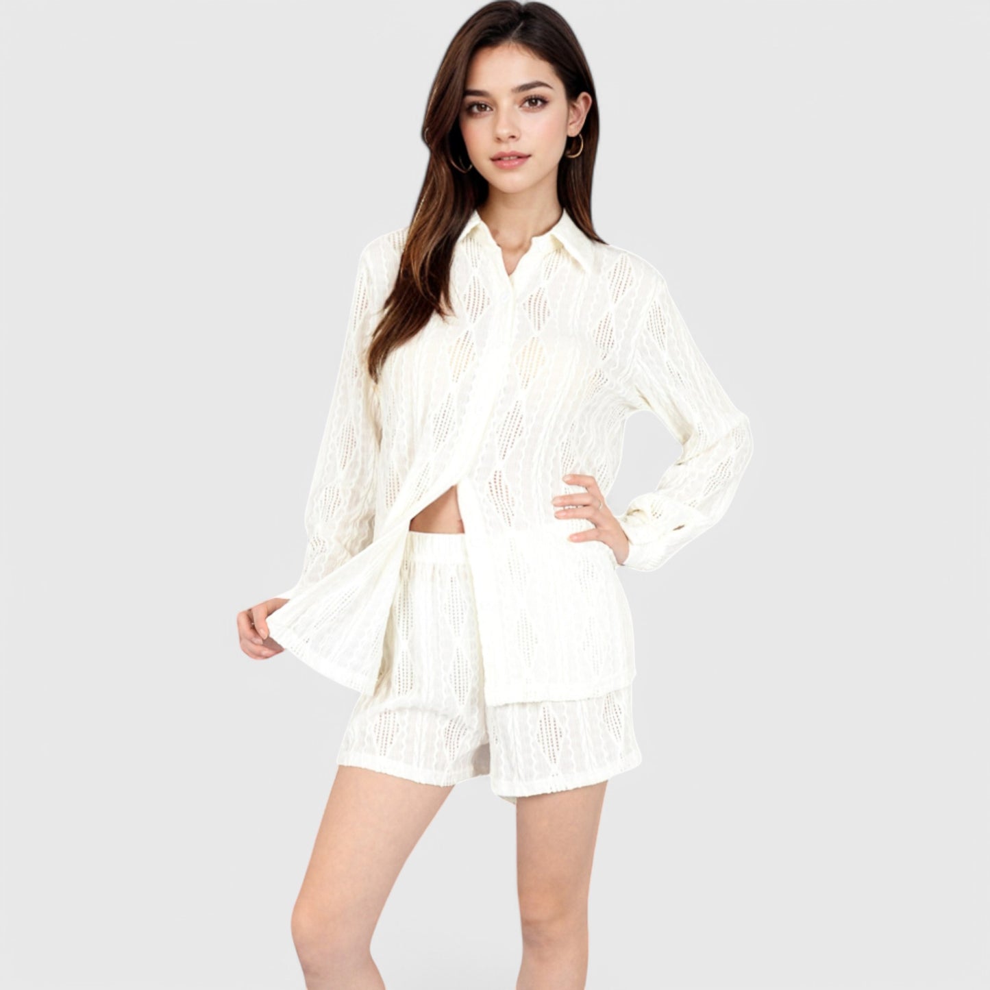 Women's Textured Button-Up Shirt and Shorts Lounge Set