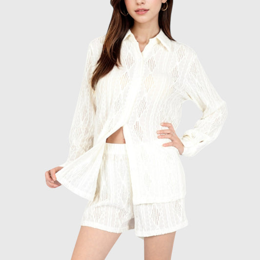 Women's Textured Button-Up Shirt and Shorts Lounge Set