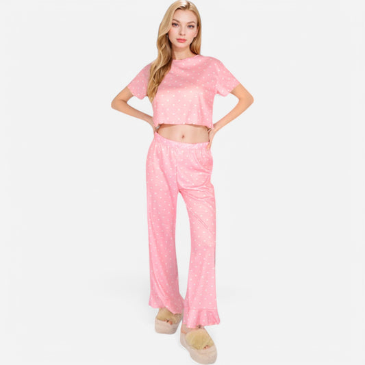 Lounge Women's Short Sleeve Lounge Set with Wide Leg Pants and Relaxed Fit