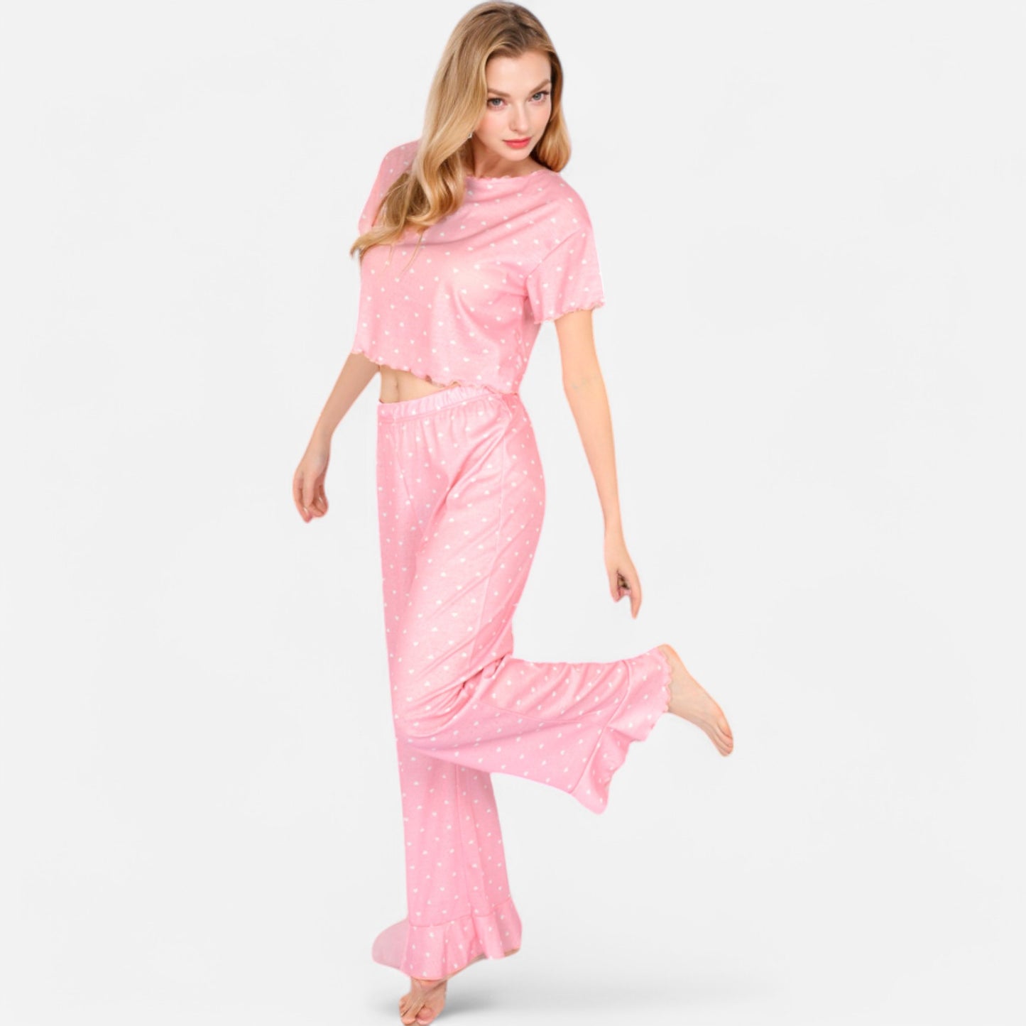 Lounge Women's Short Sleeve Lounge Set with Wide Leg Pants and Relaxed Fit