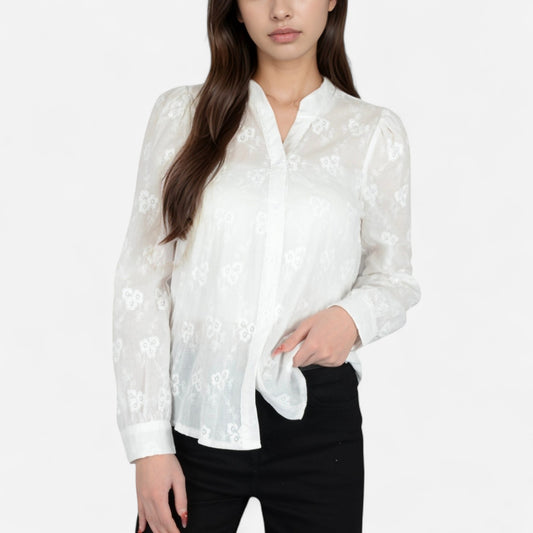 Sheer Floral Long Sleeve Blouse with Mandarin Collar and Subtle Embroidered Detail