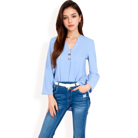 V-Neck Blouse with Button Accents and Roll-Up Sleeves
