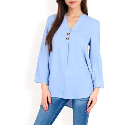V-Neck Blouse with Button Accents and Roll-Up Sleeves