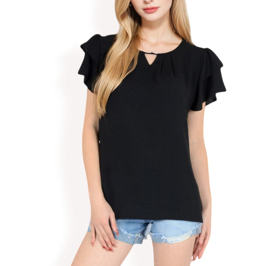 Flutter Sleeve Top with Keyhole Neckline and Lightweight Textured Fabric