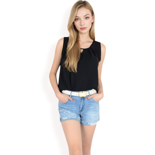 Sleeveless Keyhole Top with Pleated Front Detail and Lightweight Textured Fabric