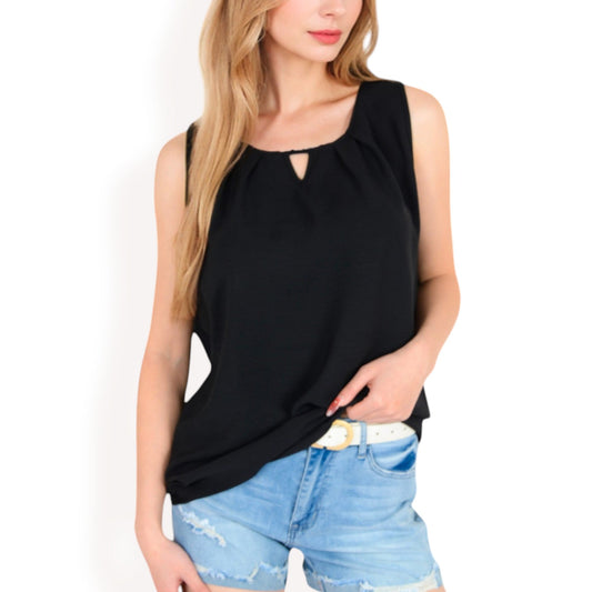 Sleeveless Keyhole Top with Pleated Front Detail and Lightweight Textured Fabric