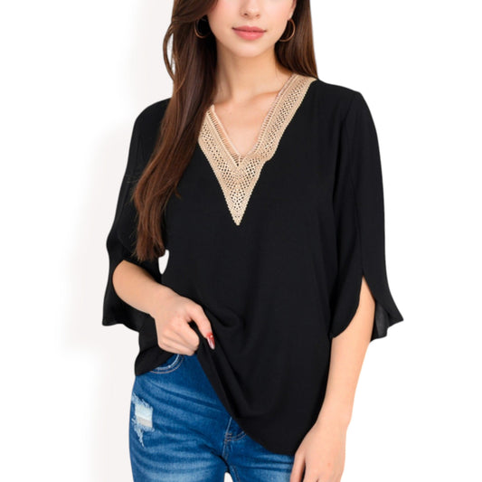 Split Sleeve V-Neck Blouse with Crochet Detail