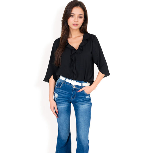 Ruffle Front Blouse with 3/4 Split Sleeves