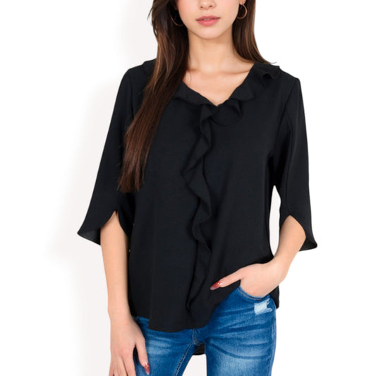 Ruffle Front Blouse with 3/4 Split Sleeves