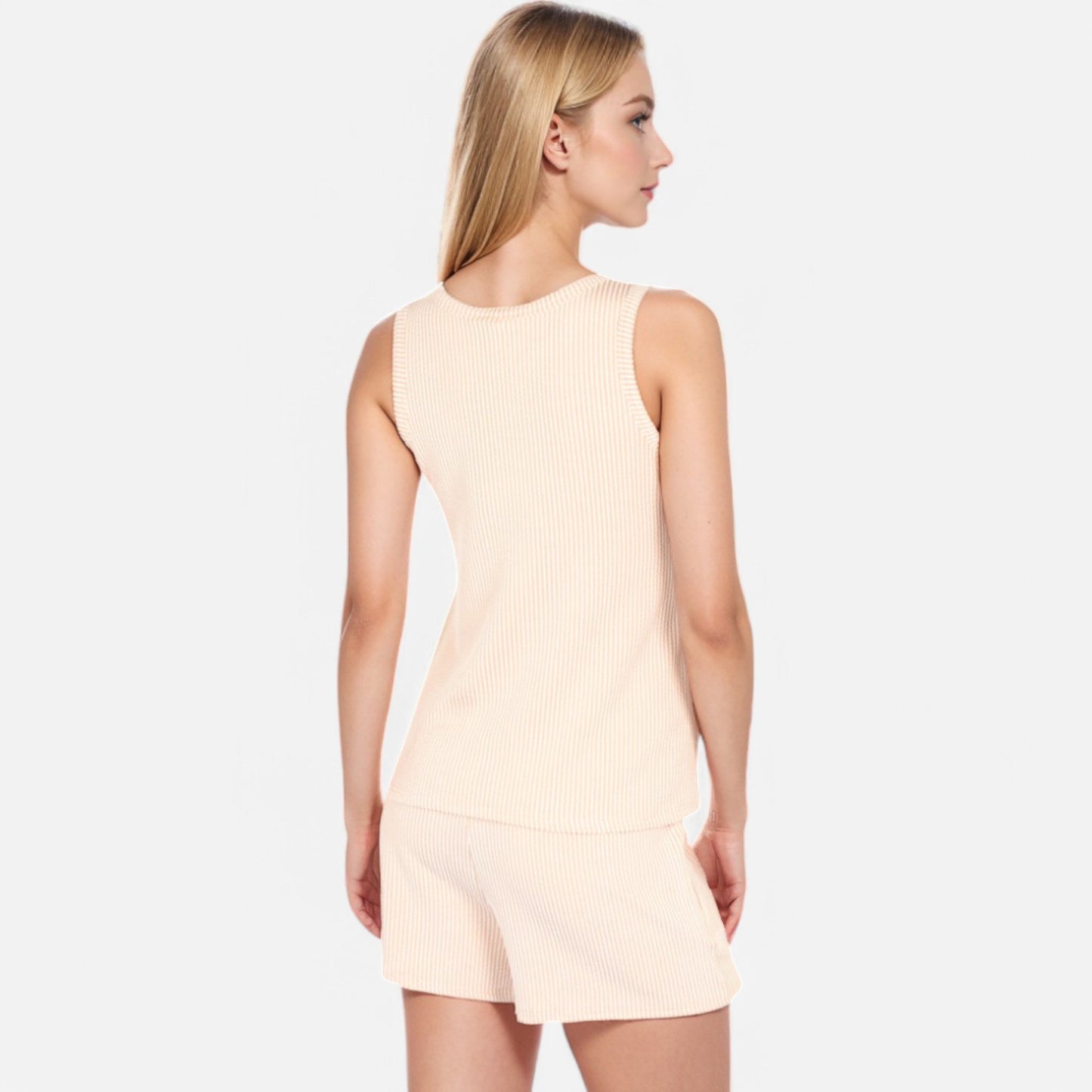 Women's Sleeveless Ribbed Lounge Set with Elastic Waist Shorts and Relaxed Fit