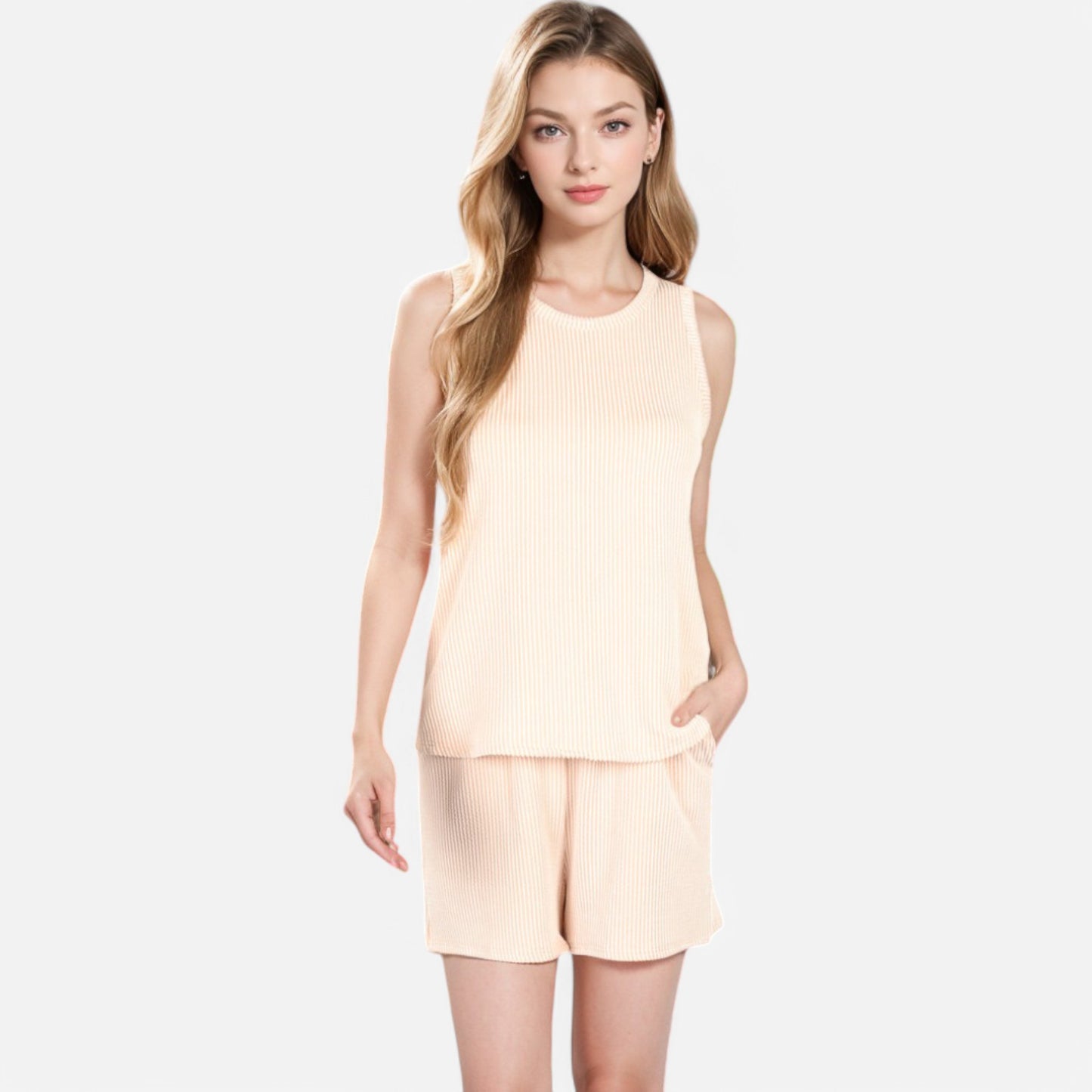 Women's Sleeveless Ribbed Lounge Set with Elastic Waist Shorts and Relaxed Fit