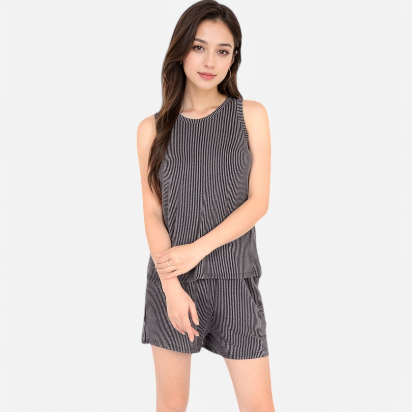 Women's Sleeveless Ribbed Lounge Set with Elastic Waist Shorts and Relaxed Fit